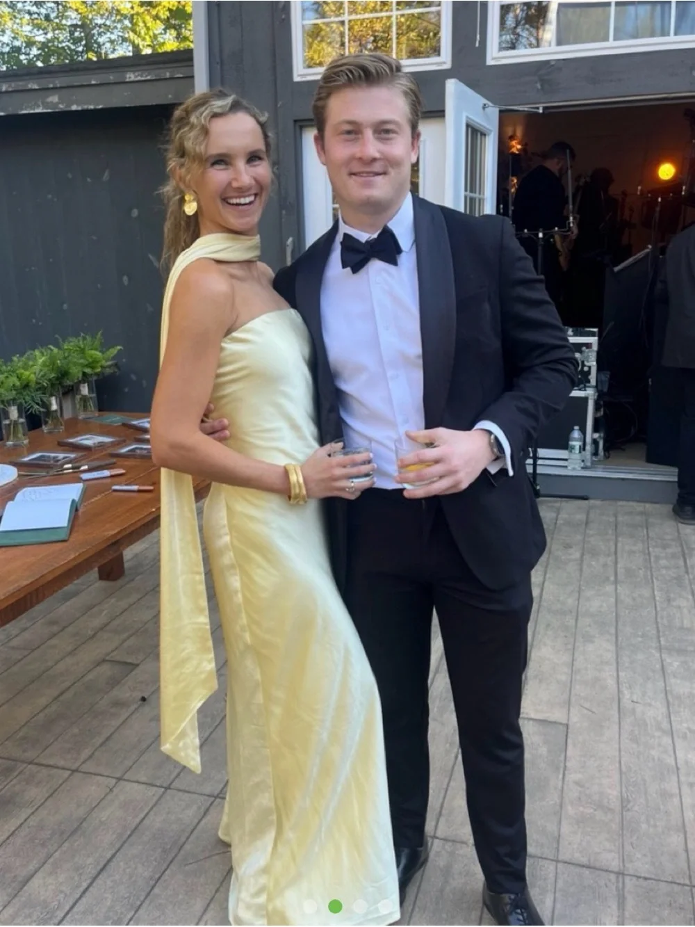Ivory-Yellow Satin Strapless Maxi Dress with Draped Scarf